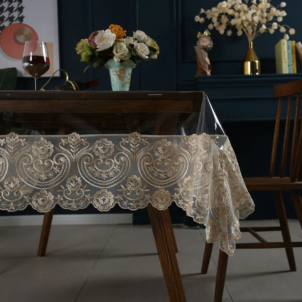 Wholesale Custom PVC Rectangular Tablecloth Embroidered Lace Transparent