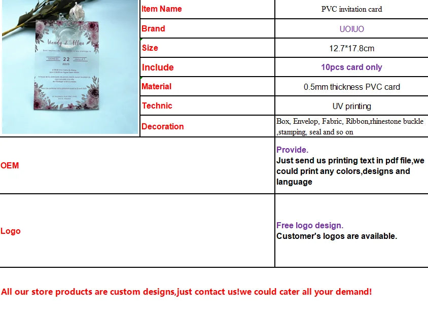 10PCS Transparent PVC Acrylic Pvc Invitation Card Fancy Elegant Cheap Personalize Wedding Cards