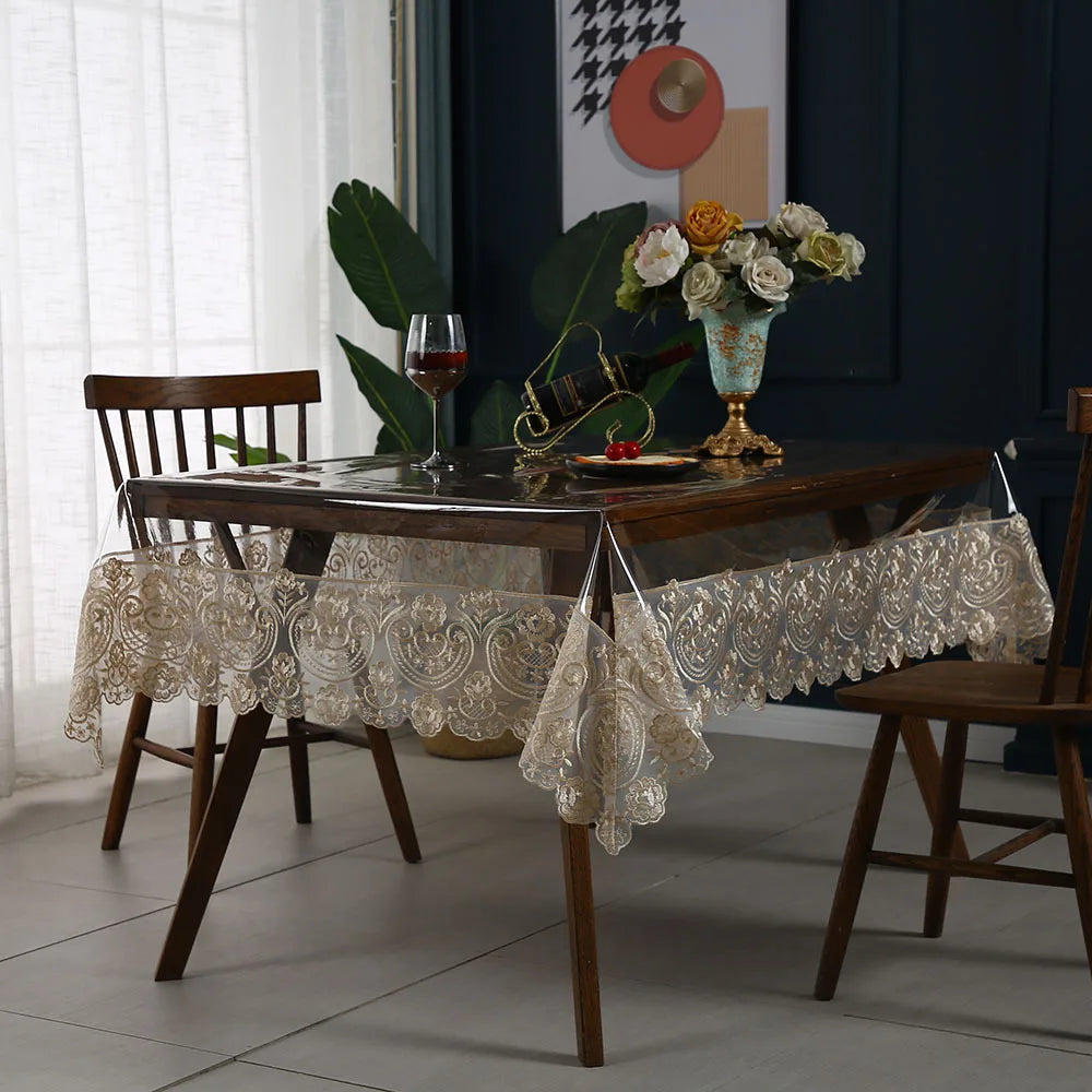 Wholesale Custom PVC Rectangular Tablecloth Embroidered Lace Transparent