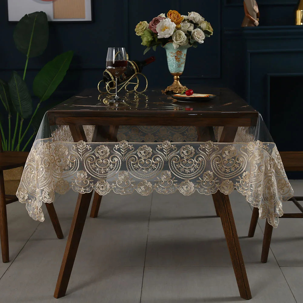 Wholesale Custom PVC Rectangular Tablecloth Embroidered Lace Transparent