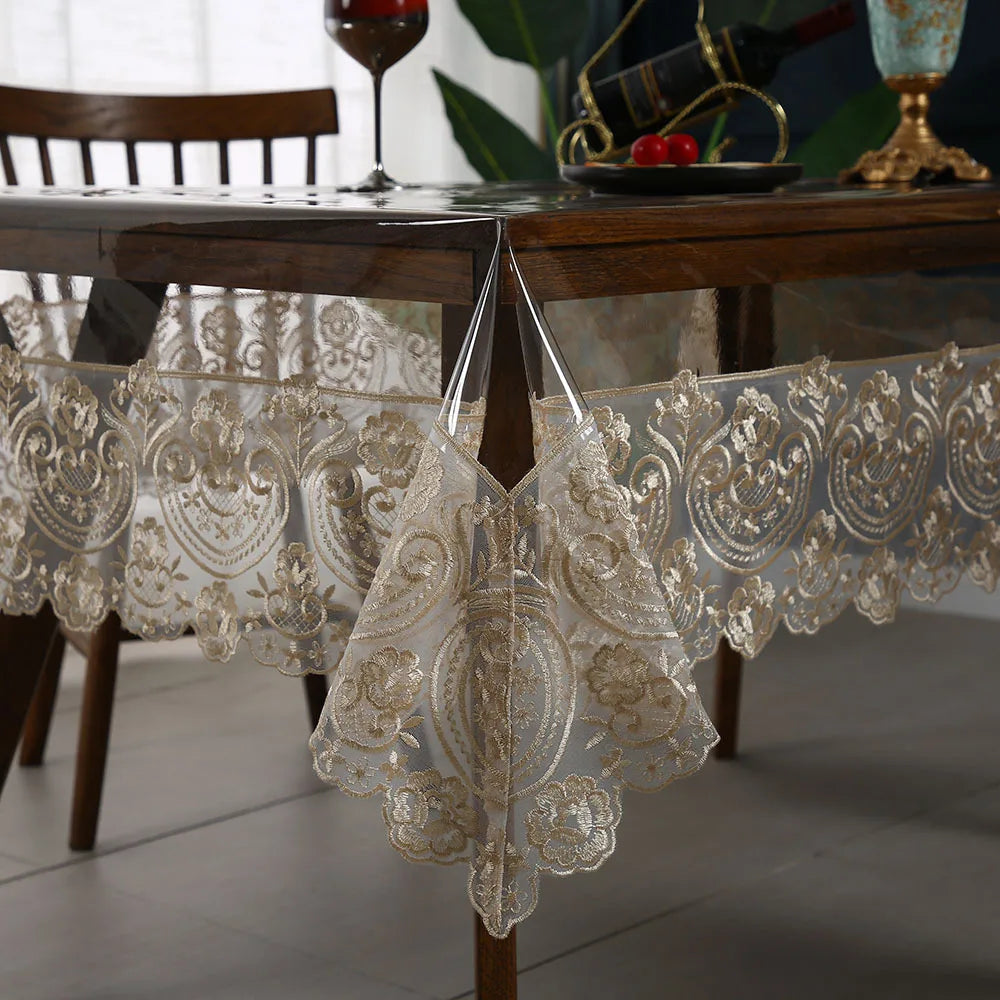 Wholesale Custom PVC Rectangular Tablecloth Embroidered Lace Transparent