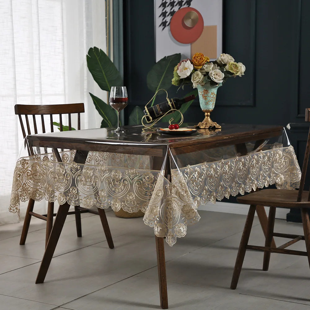 Wholesale Custom PVC Rectangular Tablecloth Embroidered Lace Transparent